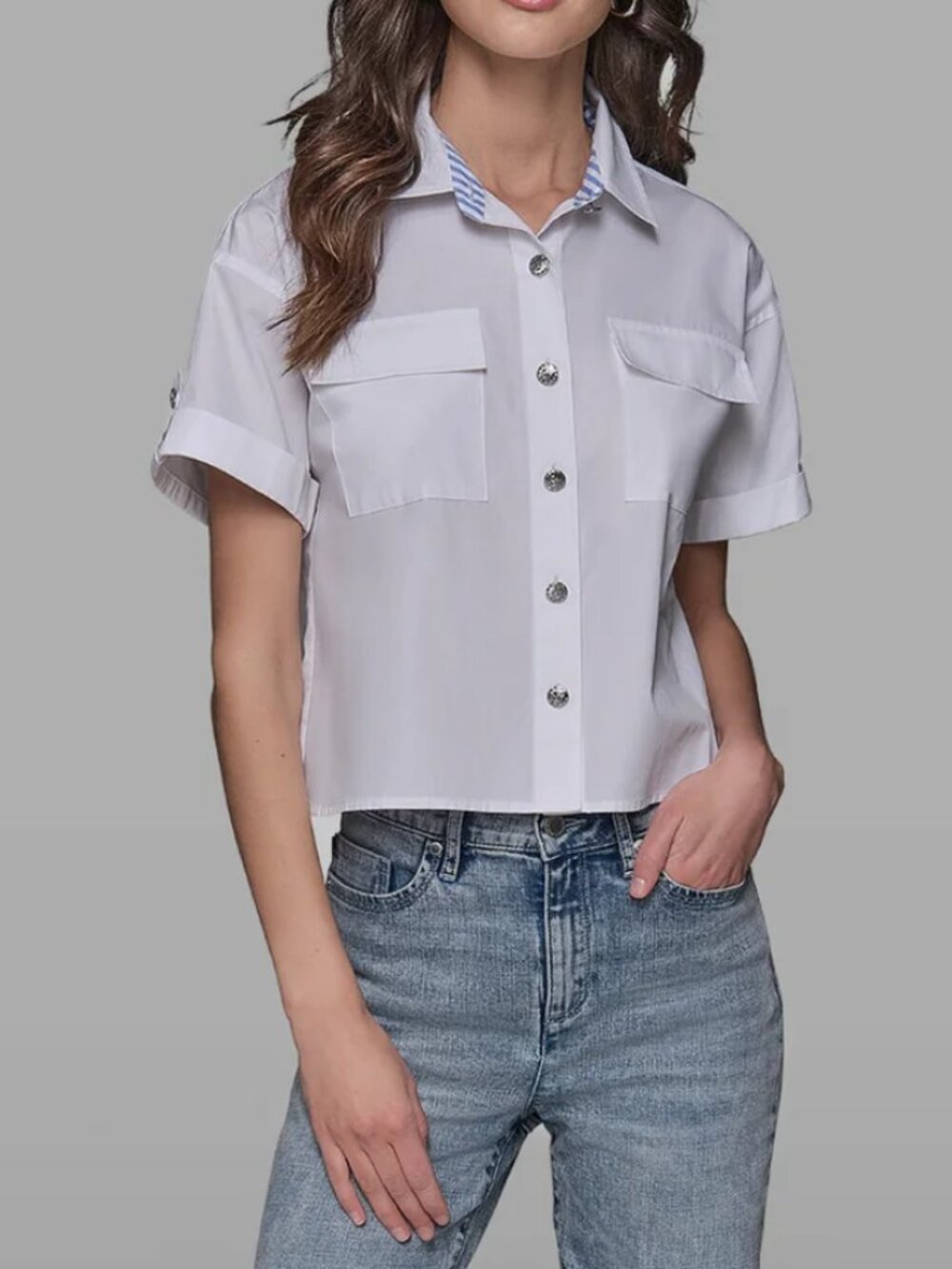 KARL LAGERFELD PARIS Limited Edition Poplin Short Sleeve Button Crop Top Shirt